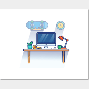 Table, Monitor, Plant, Cup, Lamp, Mouse, Skateboard And Clock Cartoon Posters and Art